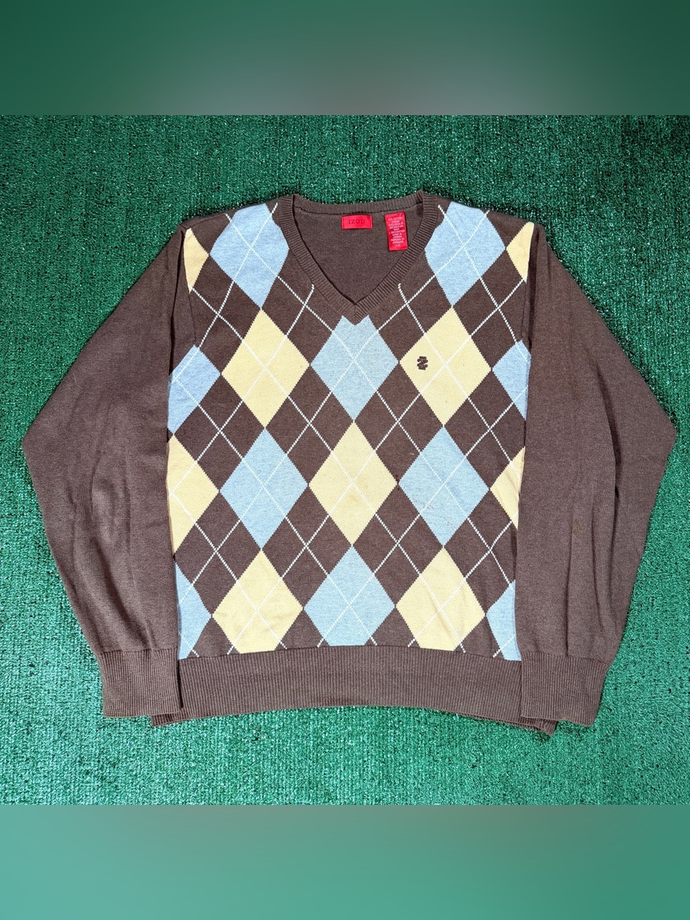 Vintage Izod Argyle V-Neck Sweater Size Large Brown Blue Yellow Cotton